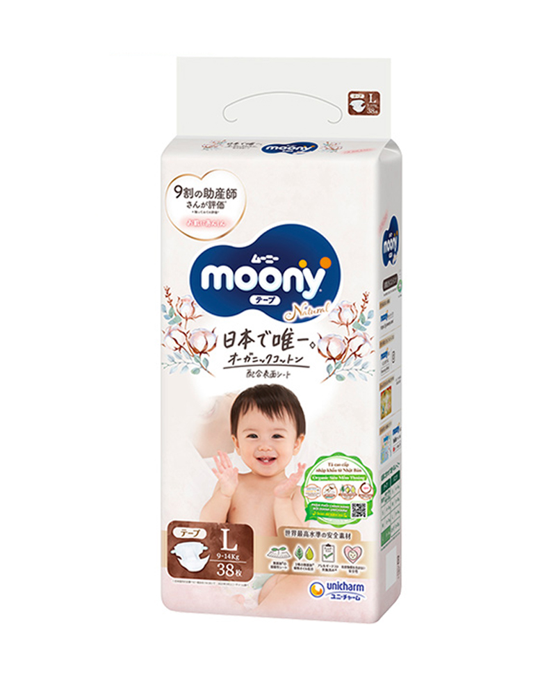 Tã dán Moony Natural size L (9-14kg) 38 miếng