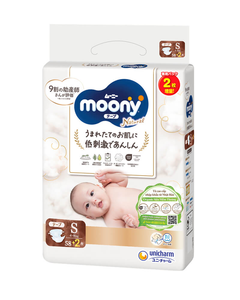 Tã dán Moony Natural size S 58 + 2 miếng (4 - 8kg)