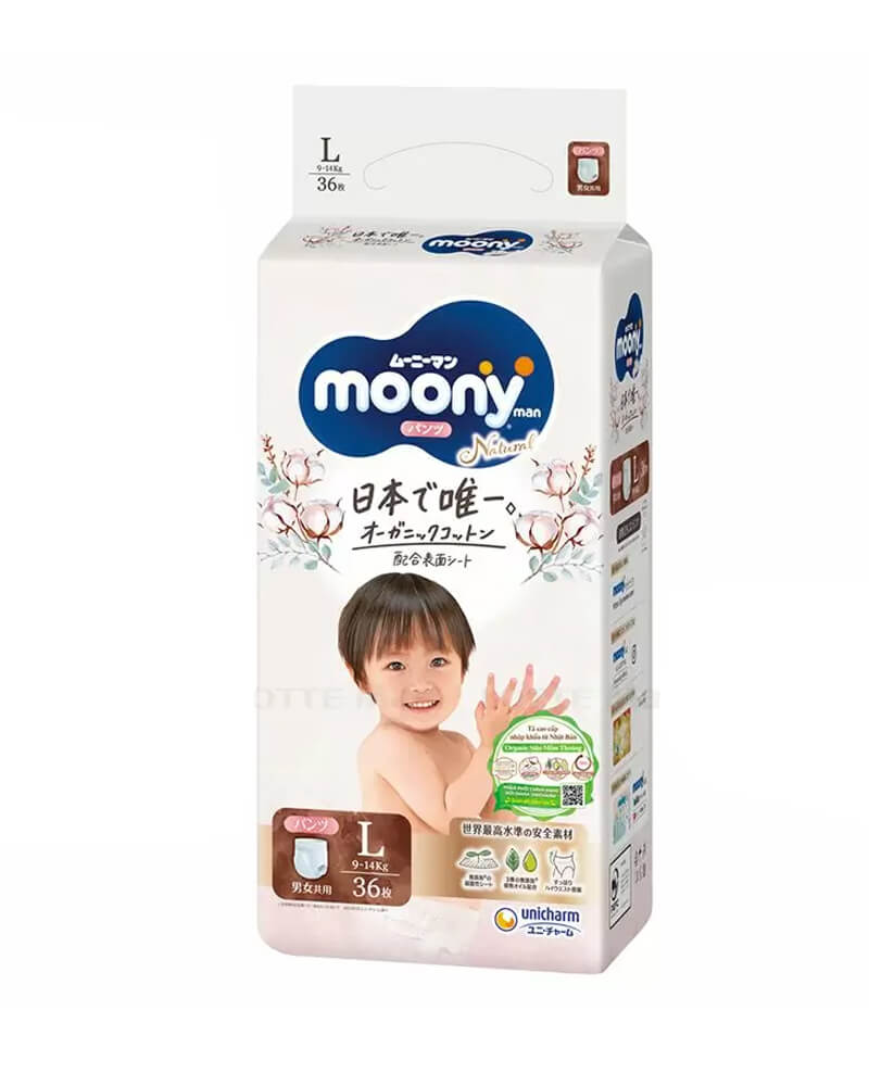 Tã quần Moony Natural size L (9 - 14 kg) 36 miếng